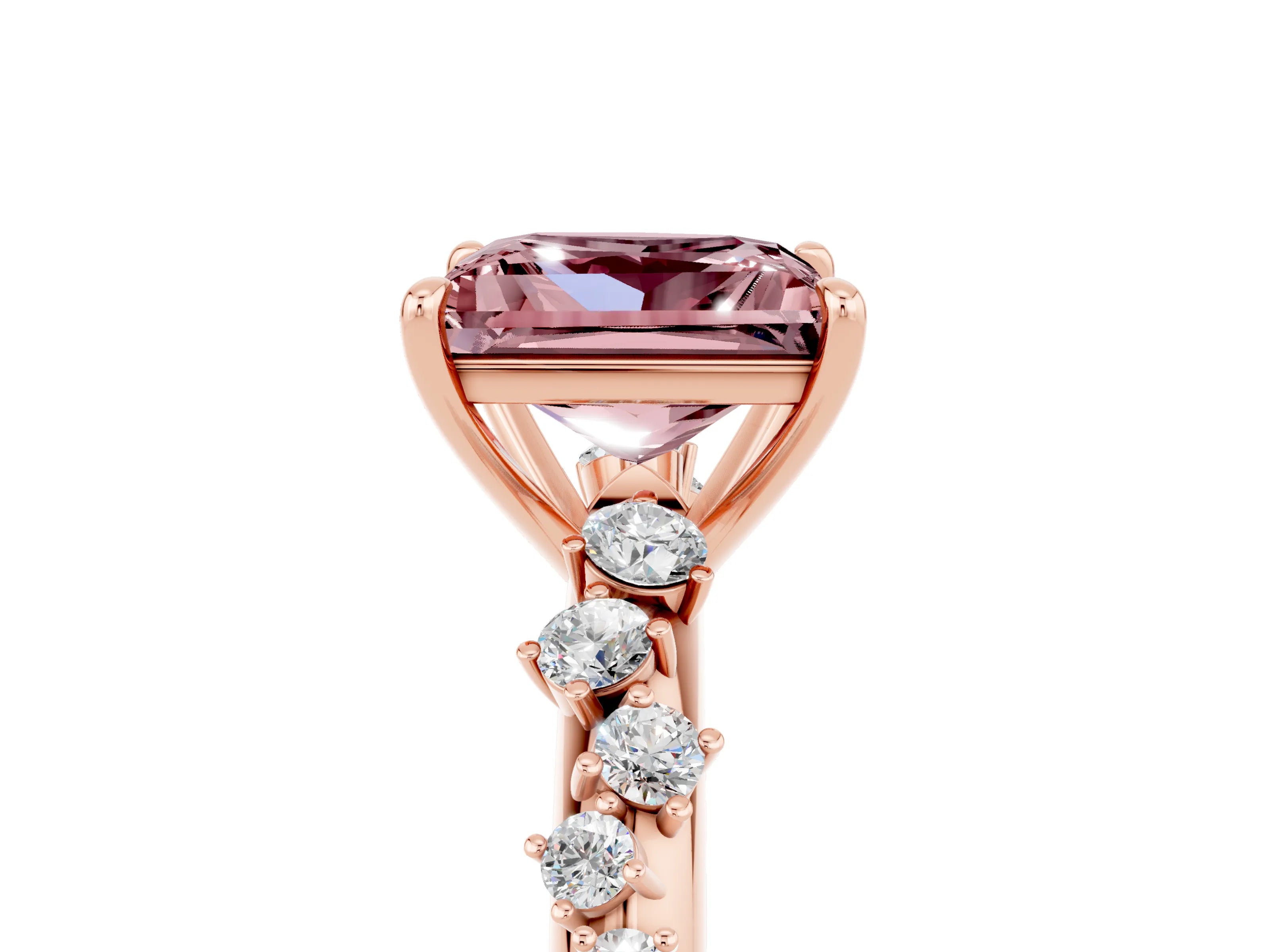 Rose gold Princess Cut Morganite Cluster Side Stone Solitaire Ring with Prong Setting_29