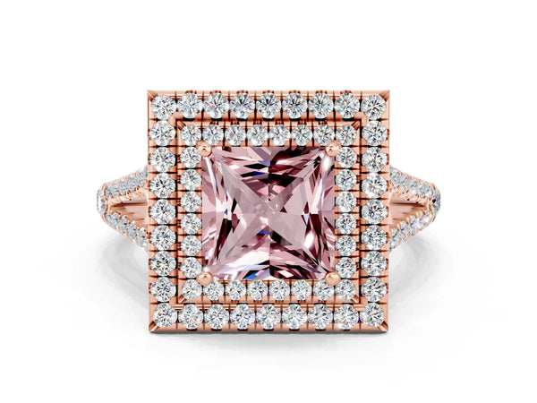 Rose gold Princess Cut Morganite Double Halo Ring with Pavé Band and Prong Setting