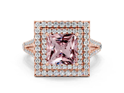 Rose gold Princess Cut Morganite Double Halo Ring with Pavé Band and Prong Setting_12