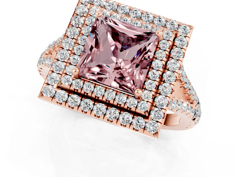 Rose gold Princess Cut Morganite Double Halo Ring with Pavé Band and Prong Setting_13