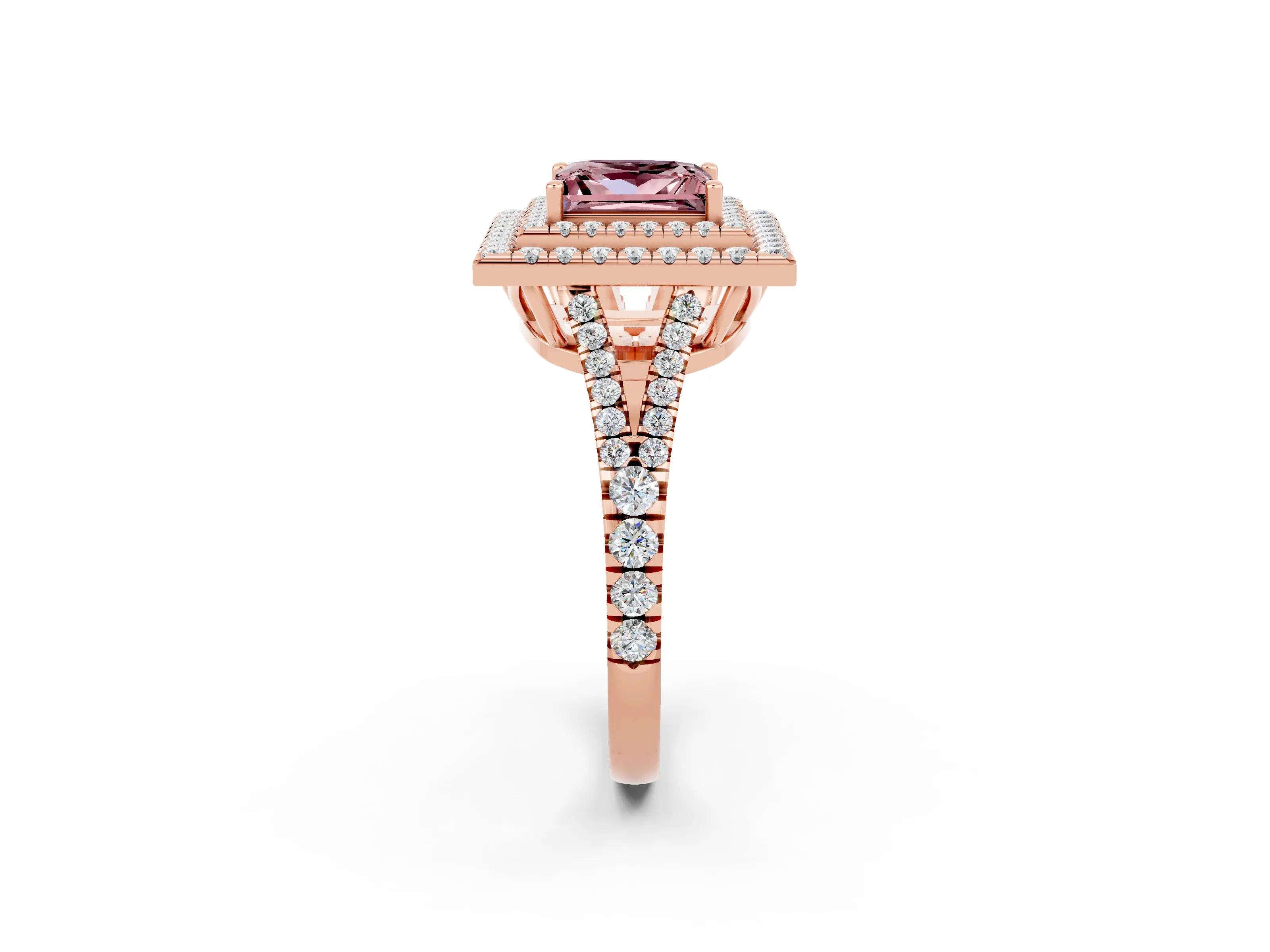 Rose gold Princess Cut Morganite Double Halo Ring with Pavé Band and Prong Setting_14