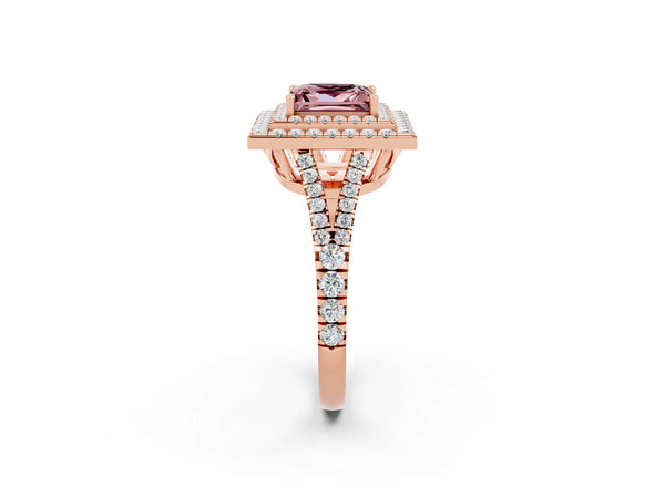 Rose gold Princess Cut Morganite Double Halo Ring with Pavé Band and Prong Setting