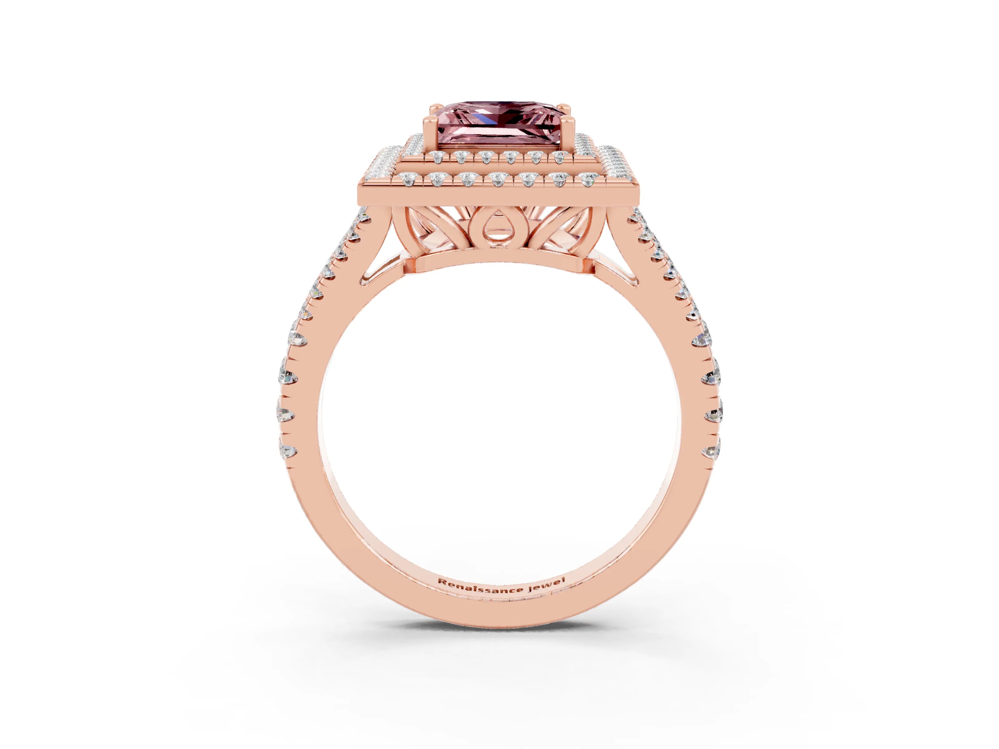 Rose gold Princess Cut Morganite Double Halo Ring with Pavé Band and Prong Setting_15