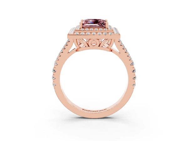 Rose gold Princess Cut Morganite Double Halo Ring with Pavé Band and Prong Setting
