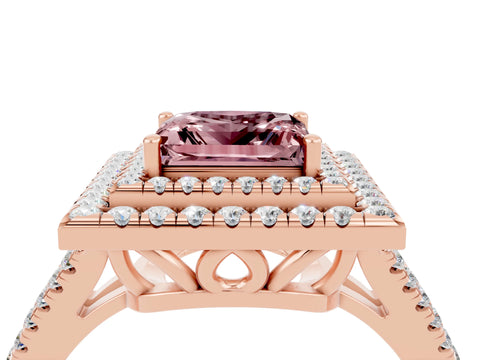 Rose gold Princess Cut Morganite Double Halo Ring with Pavé Band and Prong Setting_16