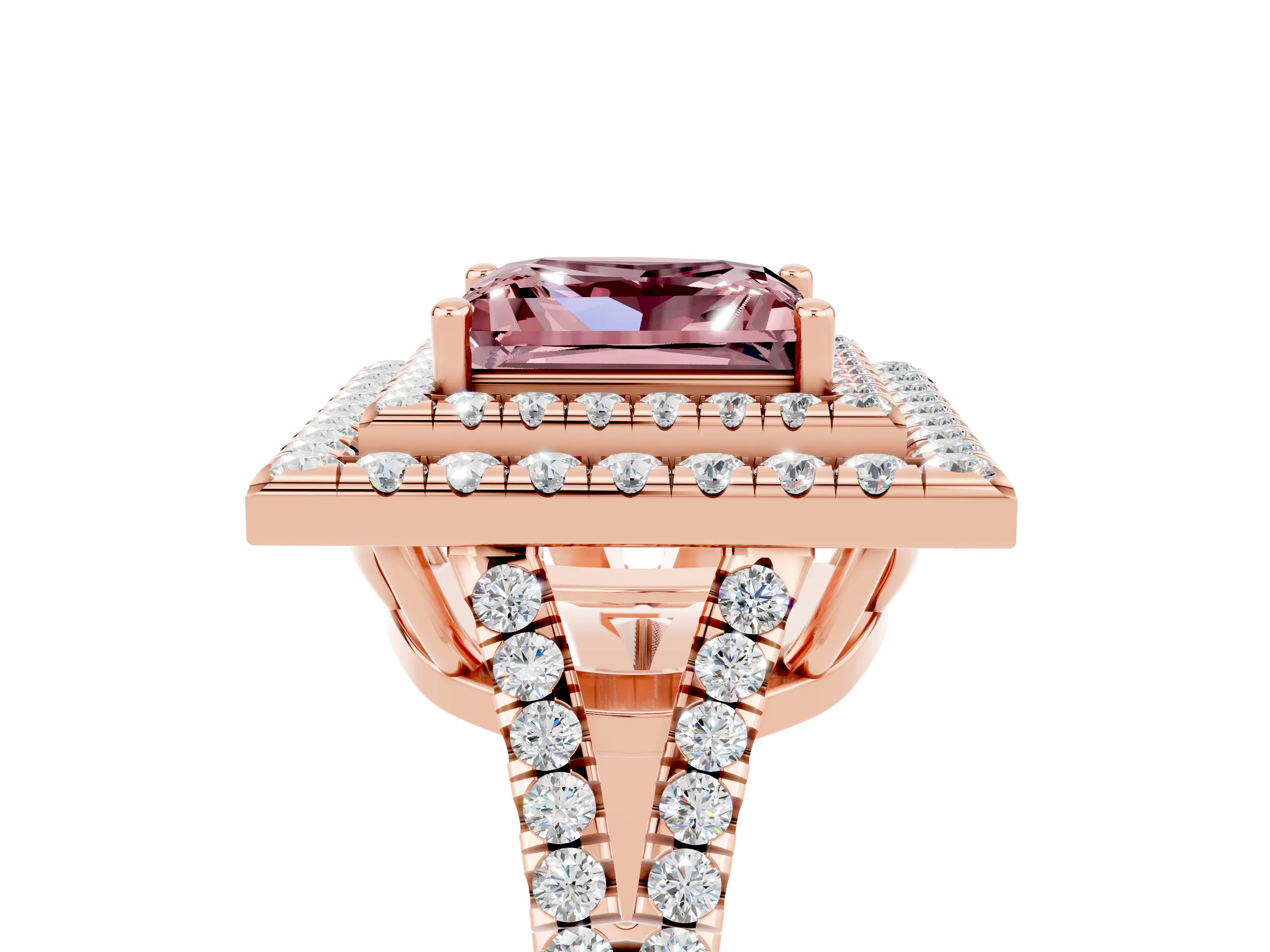 Rose gold Princess Cut Morganite Double Halo Ring with Pavé Band and Prong Setting_17