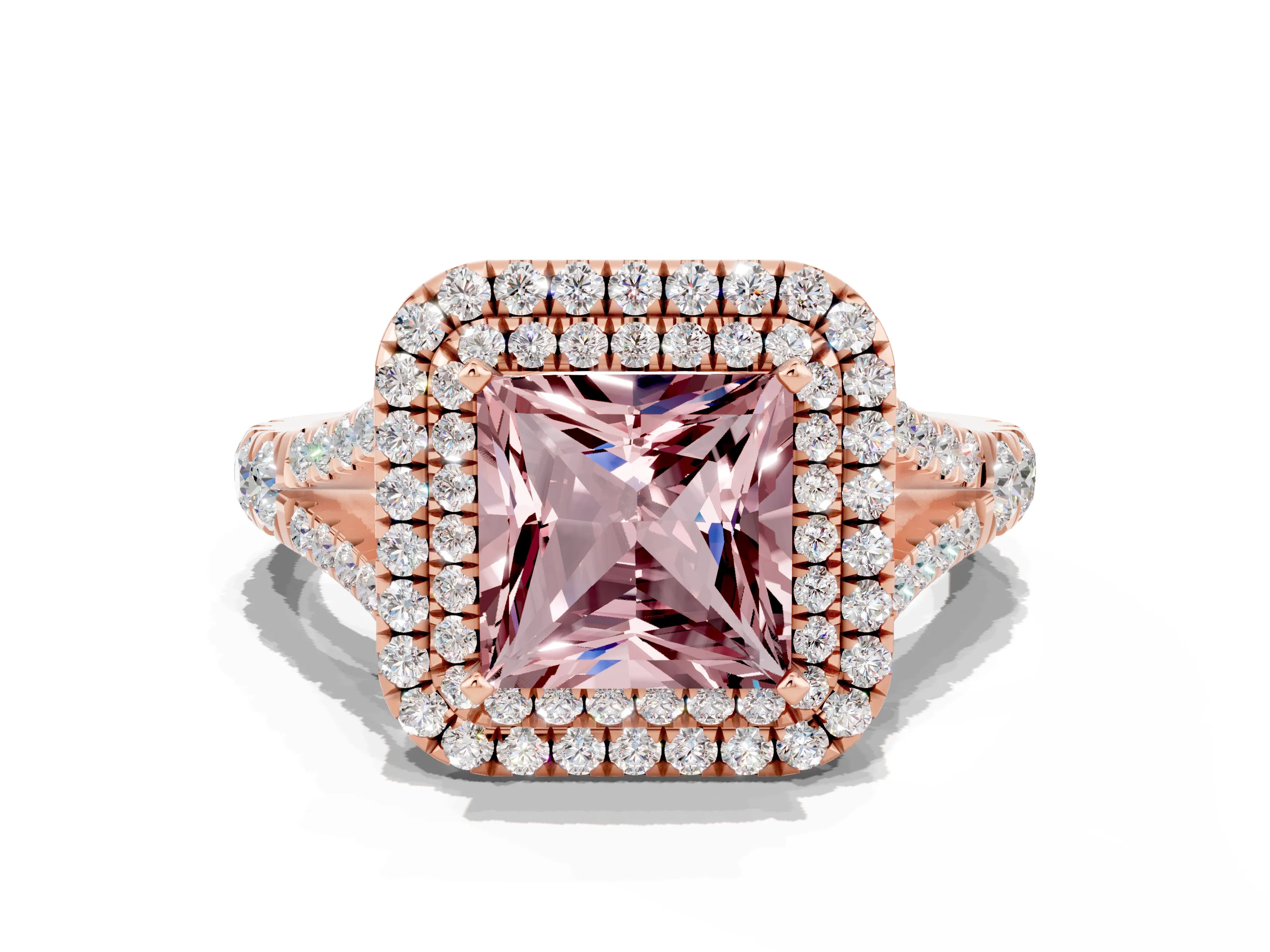 Rose gold Princess Cut Morganite Double Halo Ring with Split Shank and Prong Setting_12