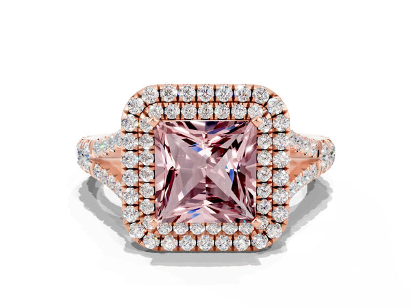Rose gold Princess Cut Morganite Double Halo Ring with Split Shank and Prong Setting