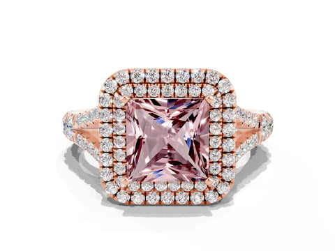 Rose gold Princess Cut Morganite Double Halo Ring with Split Shank and Prong Setting_12