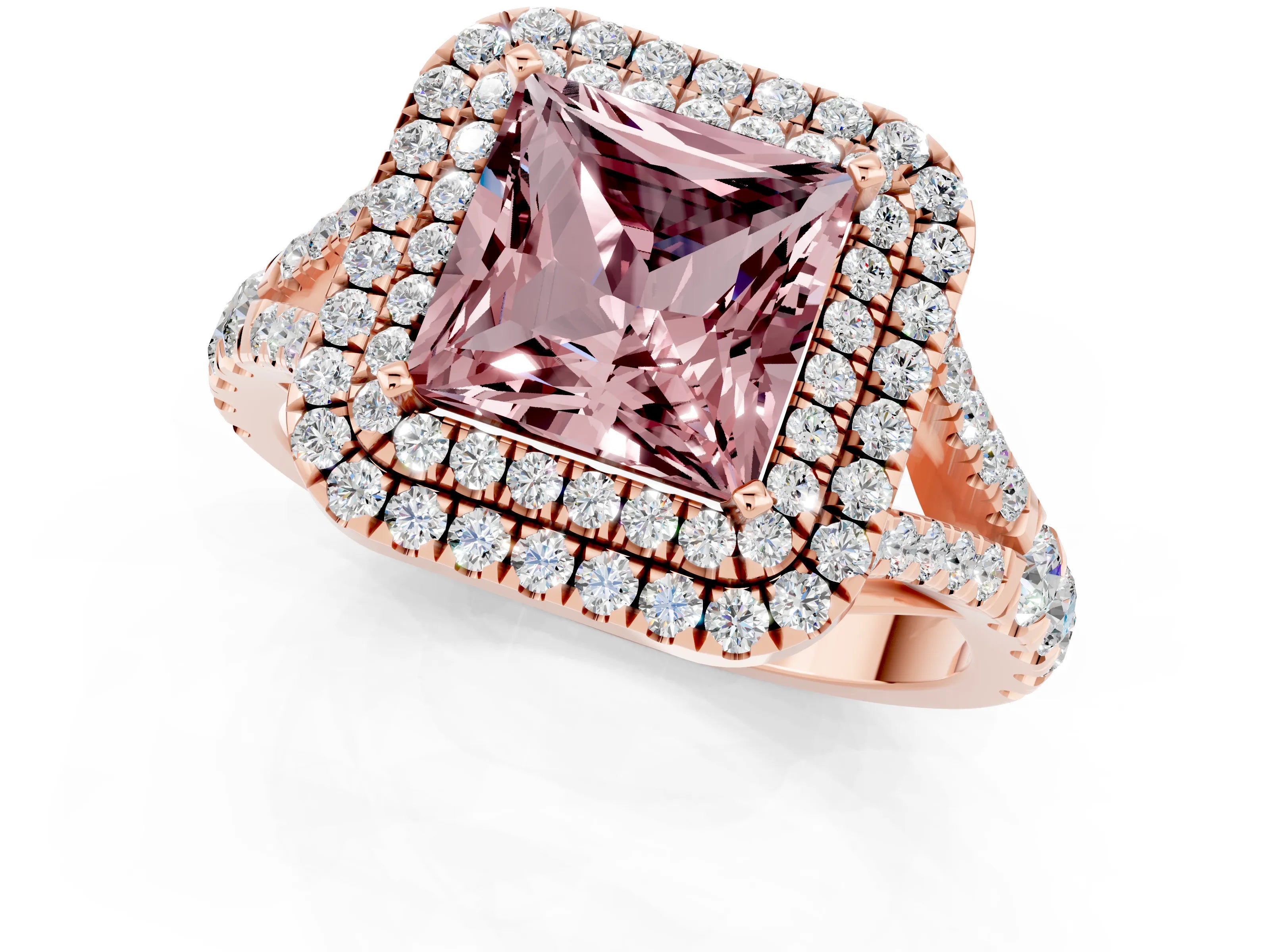 Rose gold Princess Cut Morganite Double Halo Ring with Split Shank and Prong Setting_13