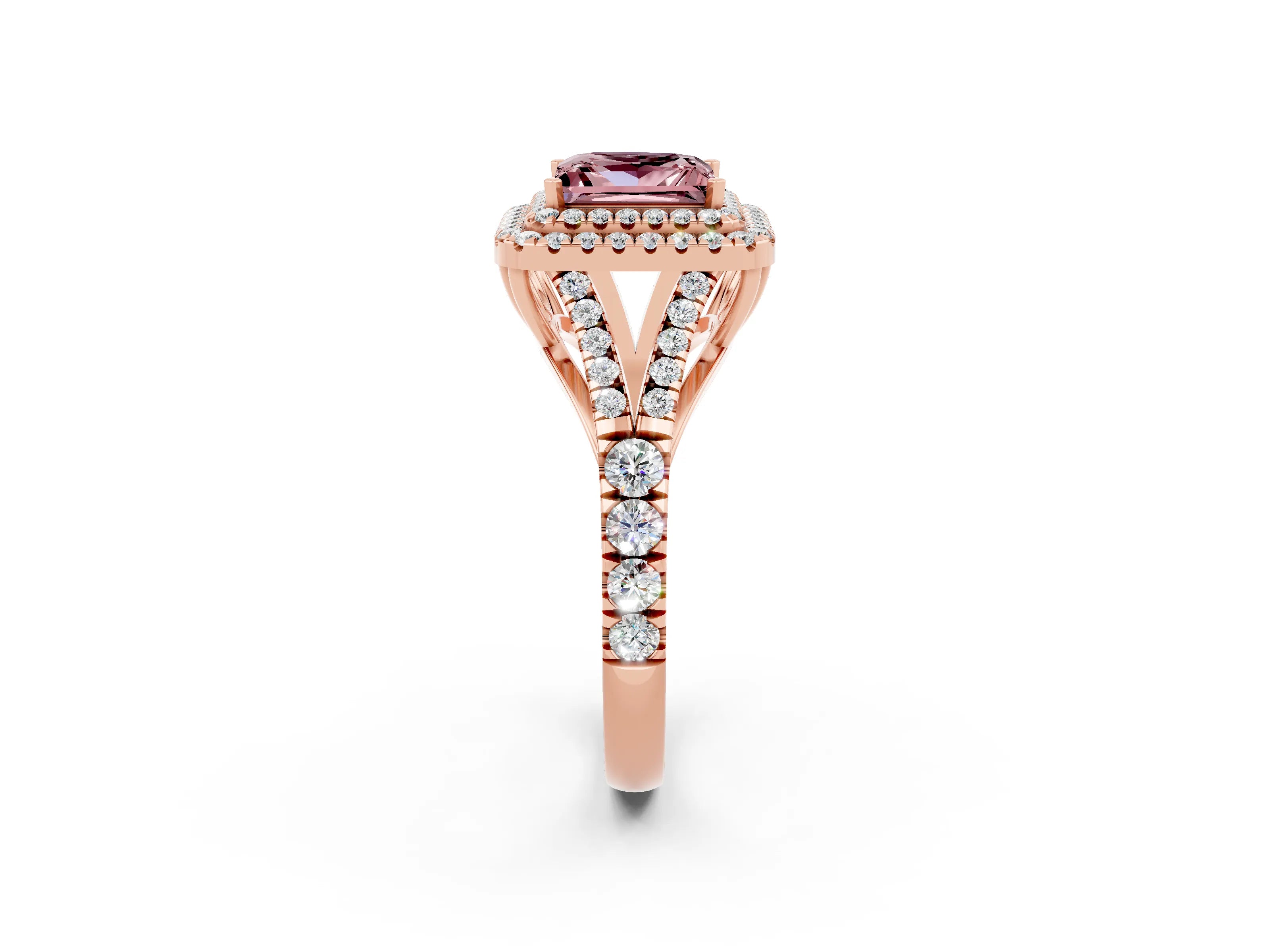 Rose gold Princess Cut Morganite Double Halo Ring with Split Shank and Prong Setting_14