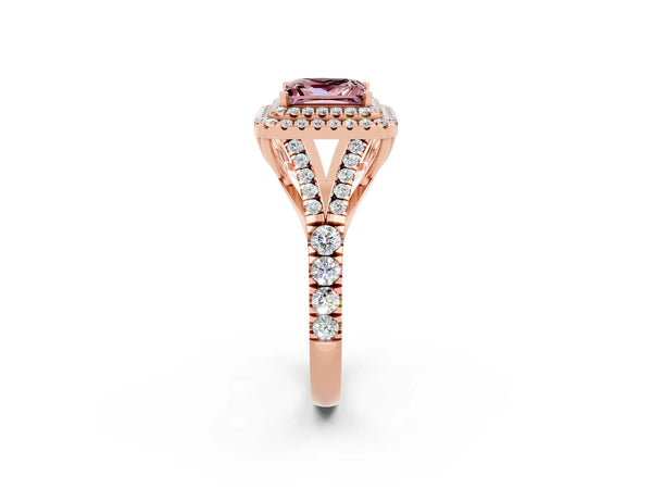 Rose gold Princess Cut Morganite Double Halo Ring with Split Shank and Prong Setting