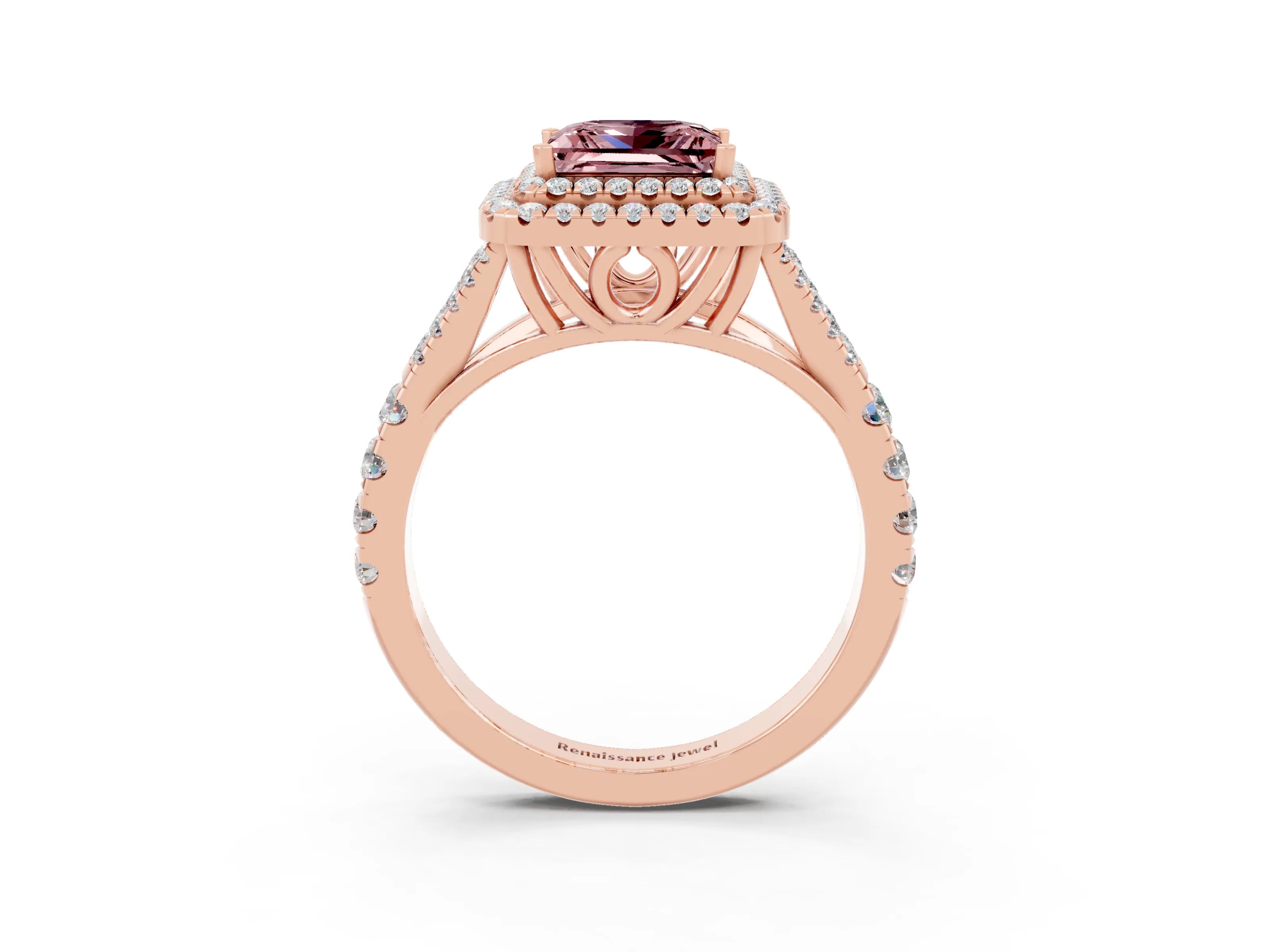 Rose gold Princess Cut Morganite Double Halo Ring with Split Shank and Prong Setting_15