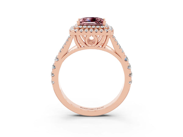 Rose gold Princess Cut Morganite Double Halo Ring with Split Shank and Prong Setting