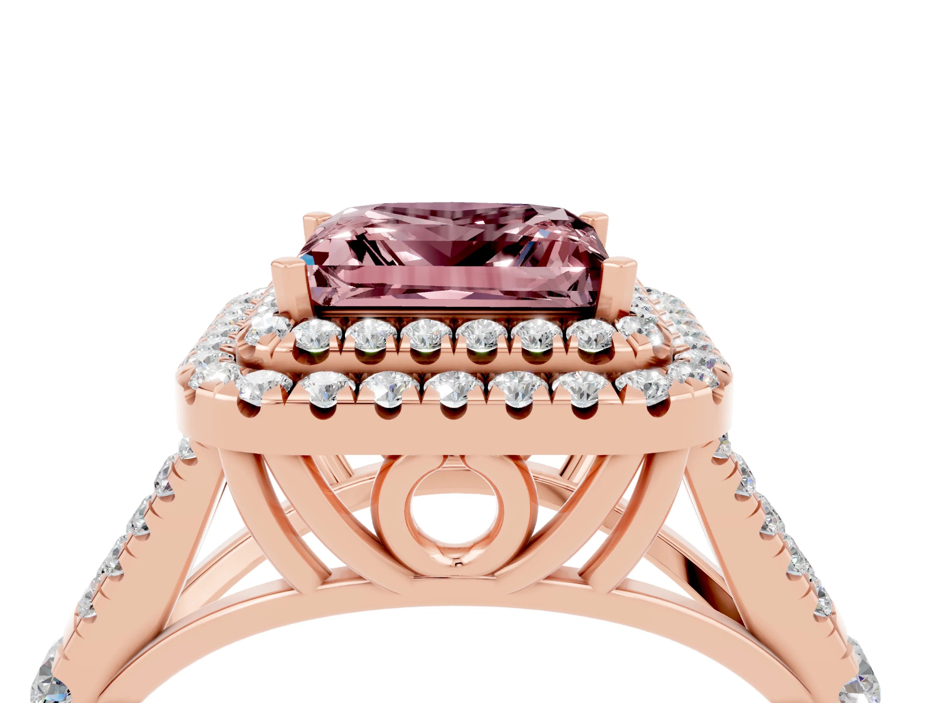 Rose gold Princess Cut Morganite Double Halo Ring with Split Shank and Prong Setting_16