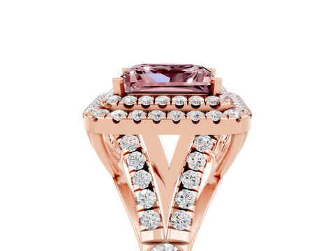 Rose gold Princess Cut Morganite Double Halo Ring with Split Shank and Prong Setting_17