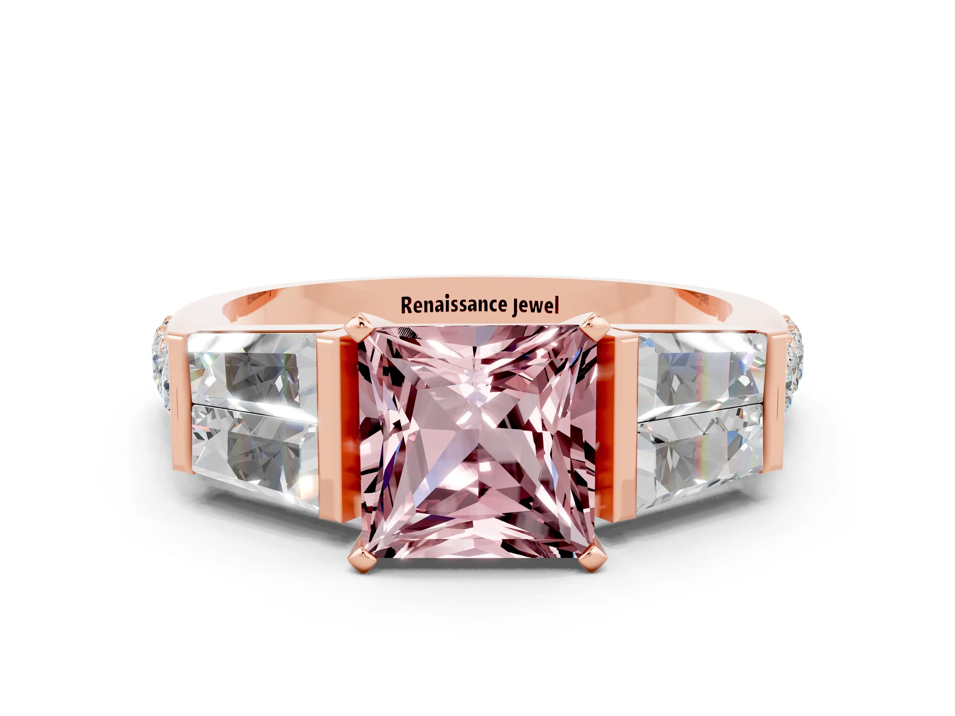 Rose gold Princess Cut Morganite Engagement Ring with Baguette Side Stones and Channel Set Band