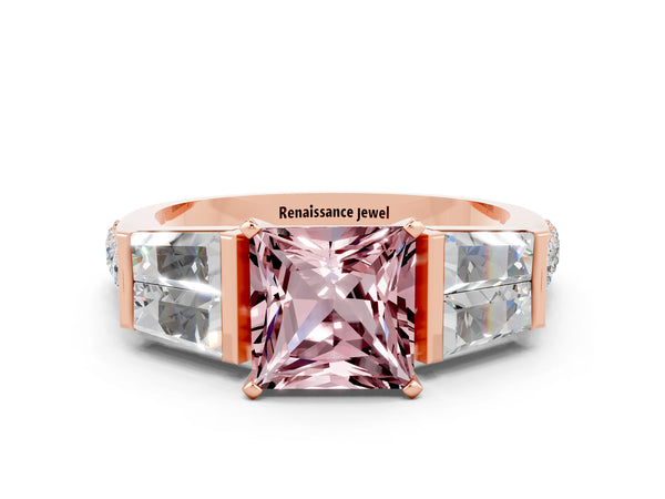 Rose gold Princess Cut Morganite Engagement Ring with Baguette Side Stones and Channel Set Band