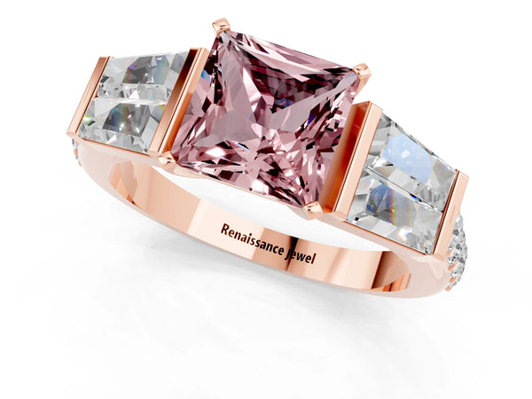 Rose gold Princess Cut Morganite Engagement Ring with Baguette Side Stones and Channel Set Band