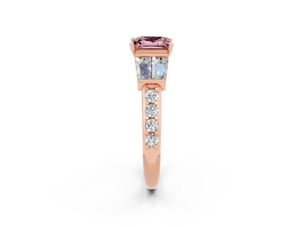 Rose gold Princess Cut Morganite Engagement Ring with Baguette Side Stones and Channel Set Band