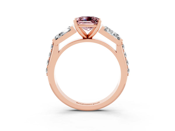 Rose gold Princess Cut Morganite Engagement Ring with Baguette Side Stones and Channel Set Band