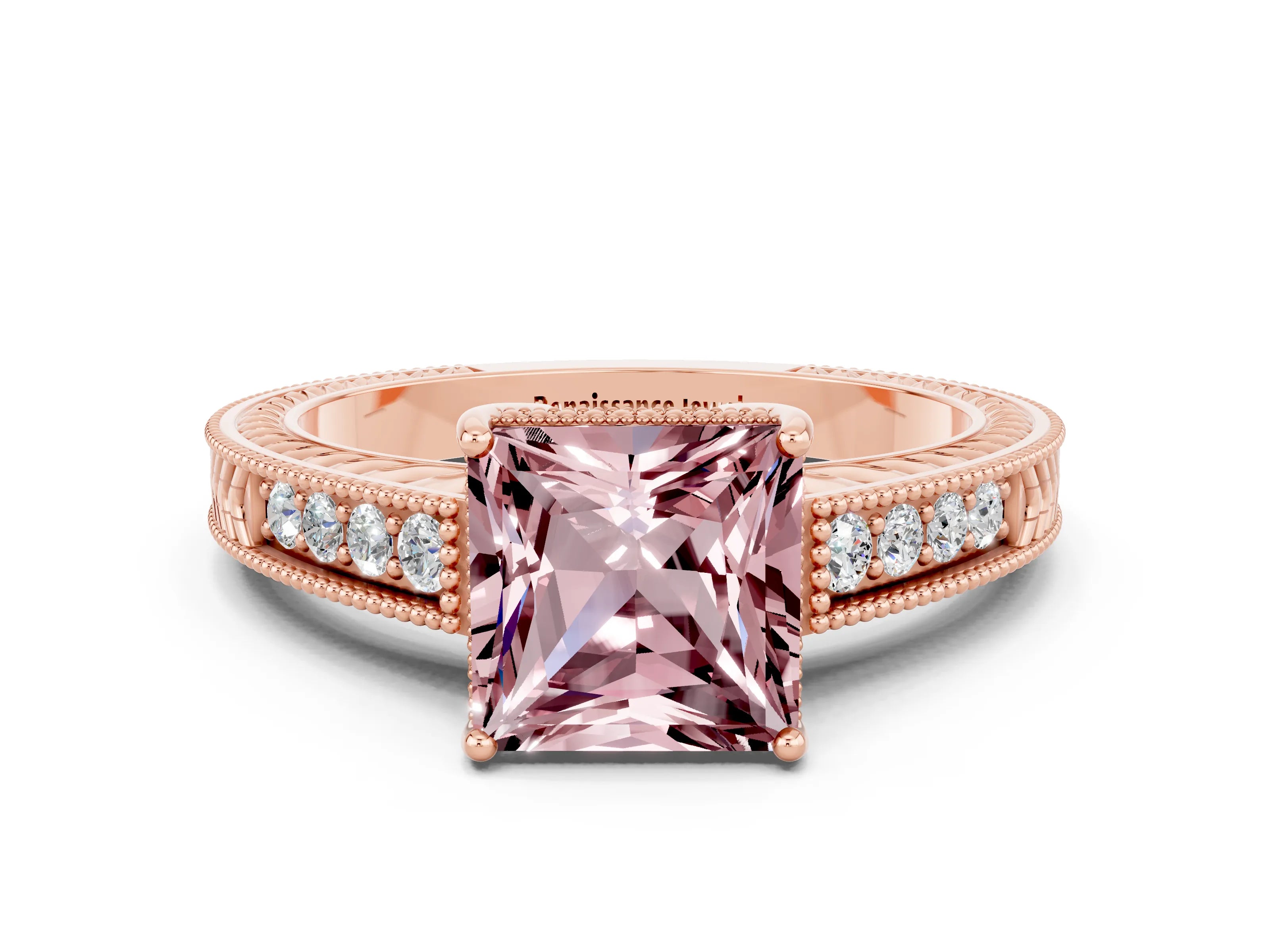Rose gold Princess Cut Morganite Engagement Ring with Milgrain Channel Set Band and Prong Setting