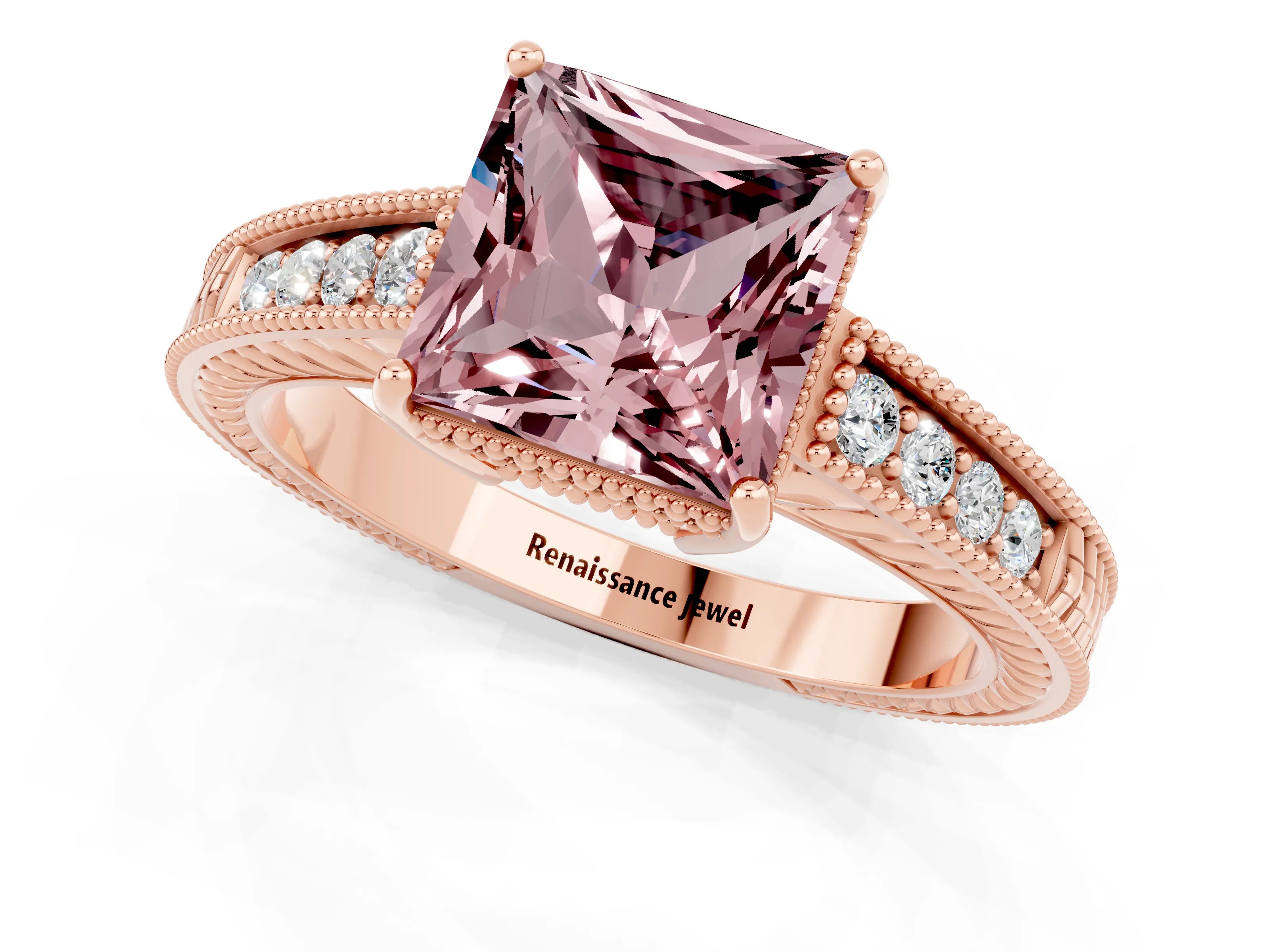 Rose gold Princess Cut Morganite Engagement Ring with Milgrain Channel Set Band and Prong Setting_1