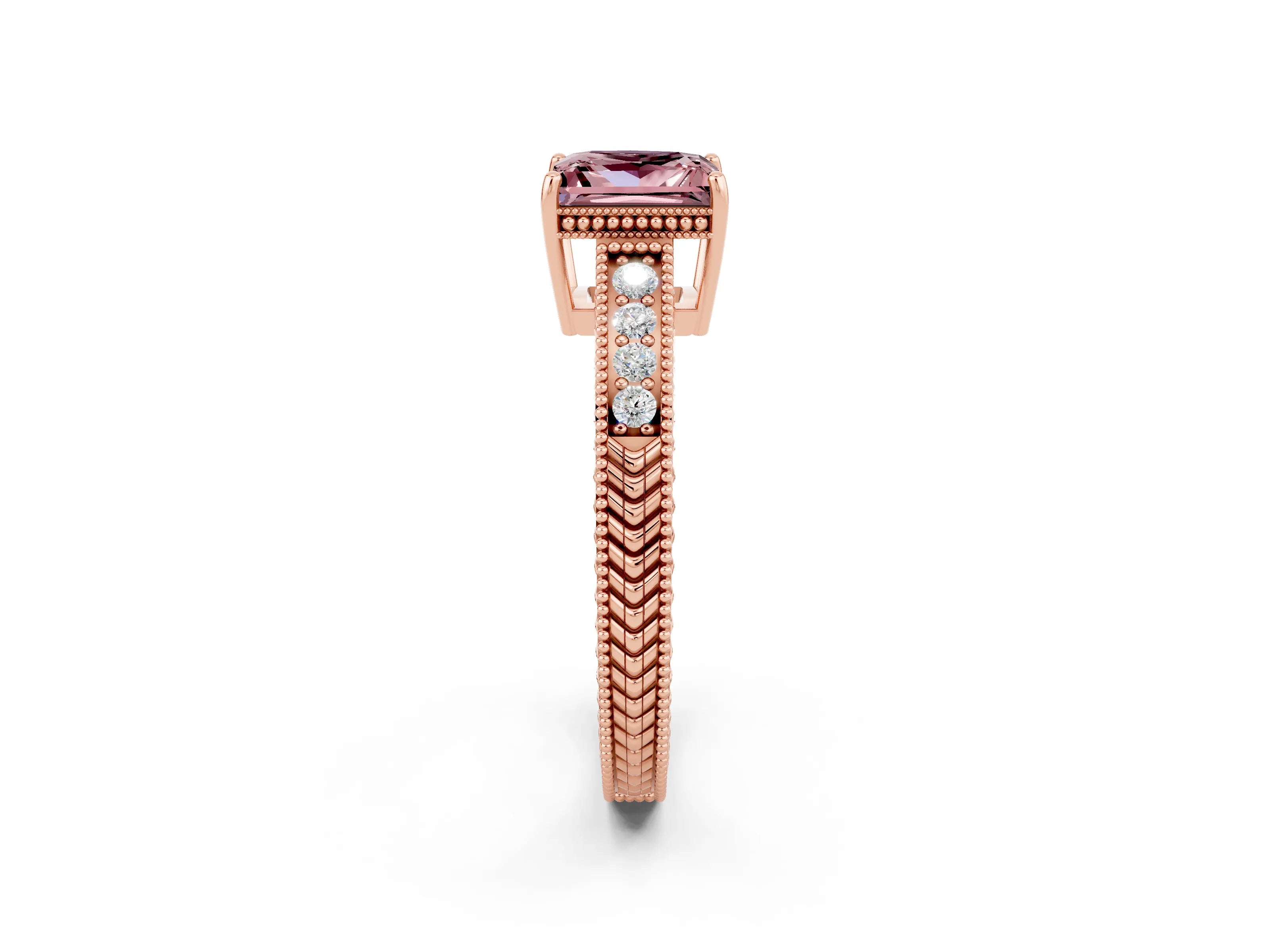 Rose gold Princess Cut Morganite Engagement Ring with Milgrain Channel Set Band and Prong Setting_2