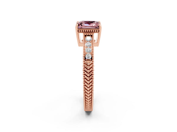 Rose gold Princess Cut Morganite Engagement Ring with Milgrain Channel Set Band and Prong Setting