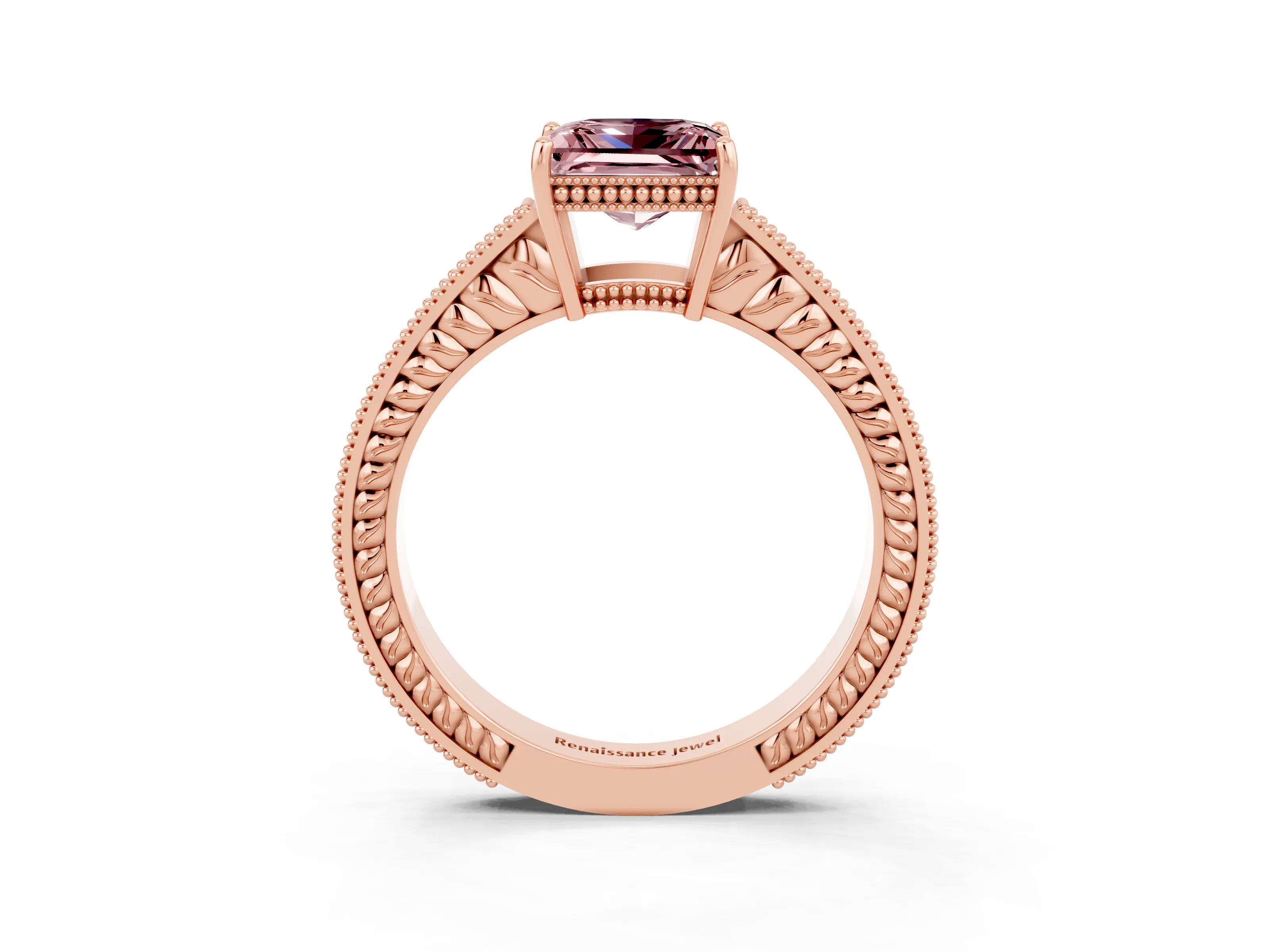 Rose gold Princess Cut Morganite Engagement Ring with Milgrain Channel Set Band and Prong Setting_3