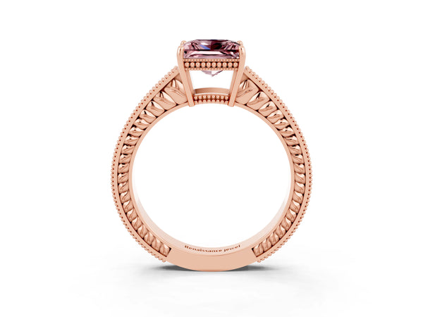 Rose gold Princess Cut Morganite Engagement Ring with Milgrain Channel Set Band and Prong Setting