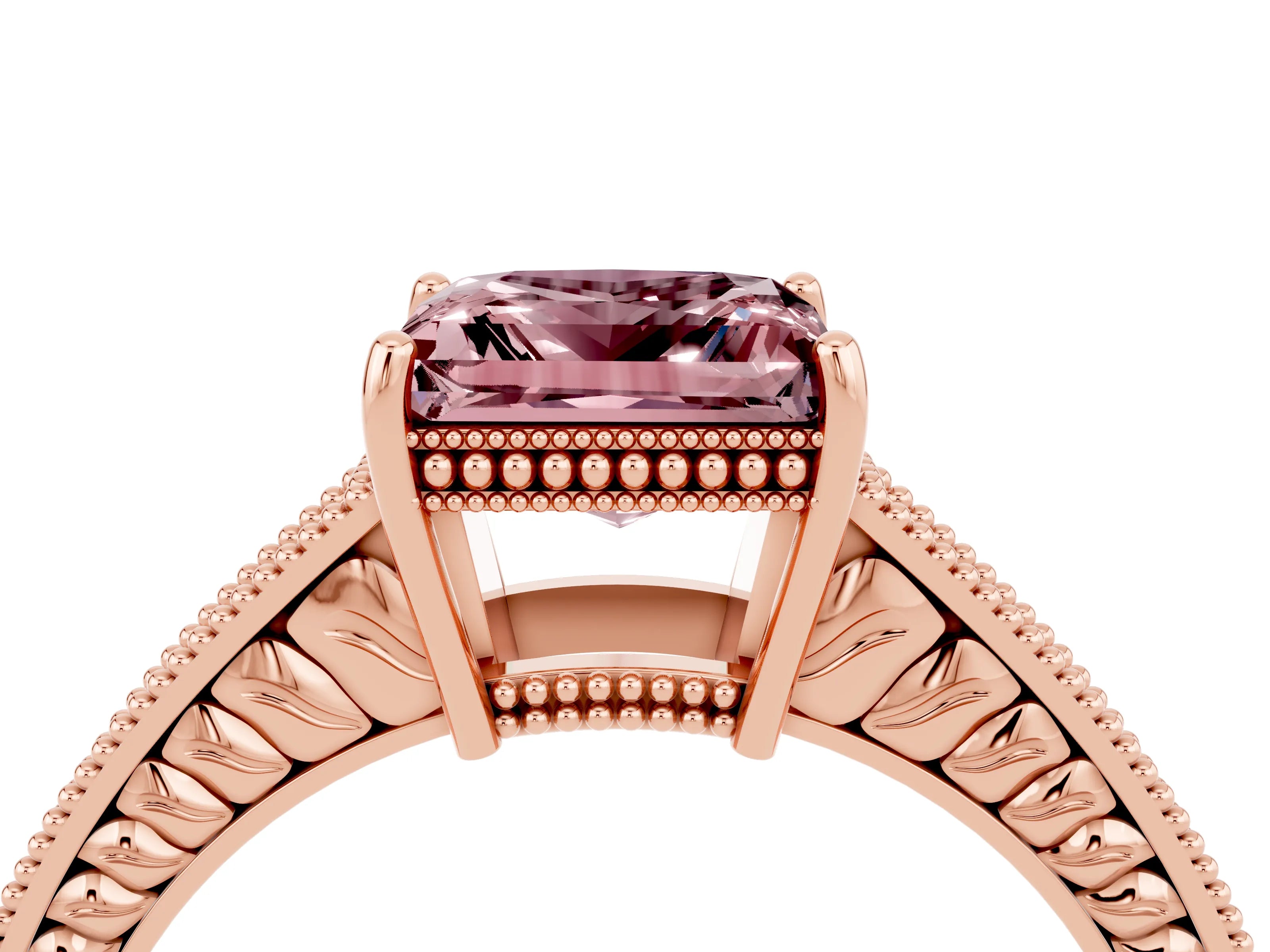 Rose gold Princess Cut Morganite Engagement Ring with Milgrain Channel Set Band and Prong Setting_4