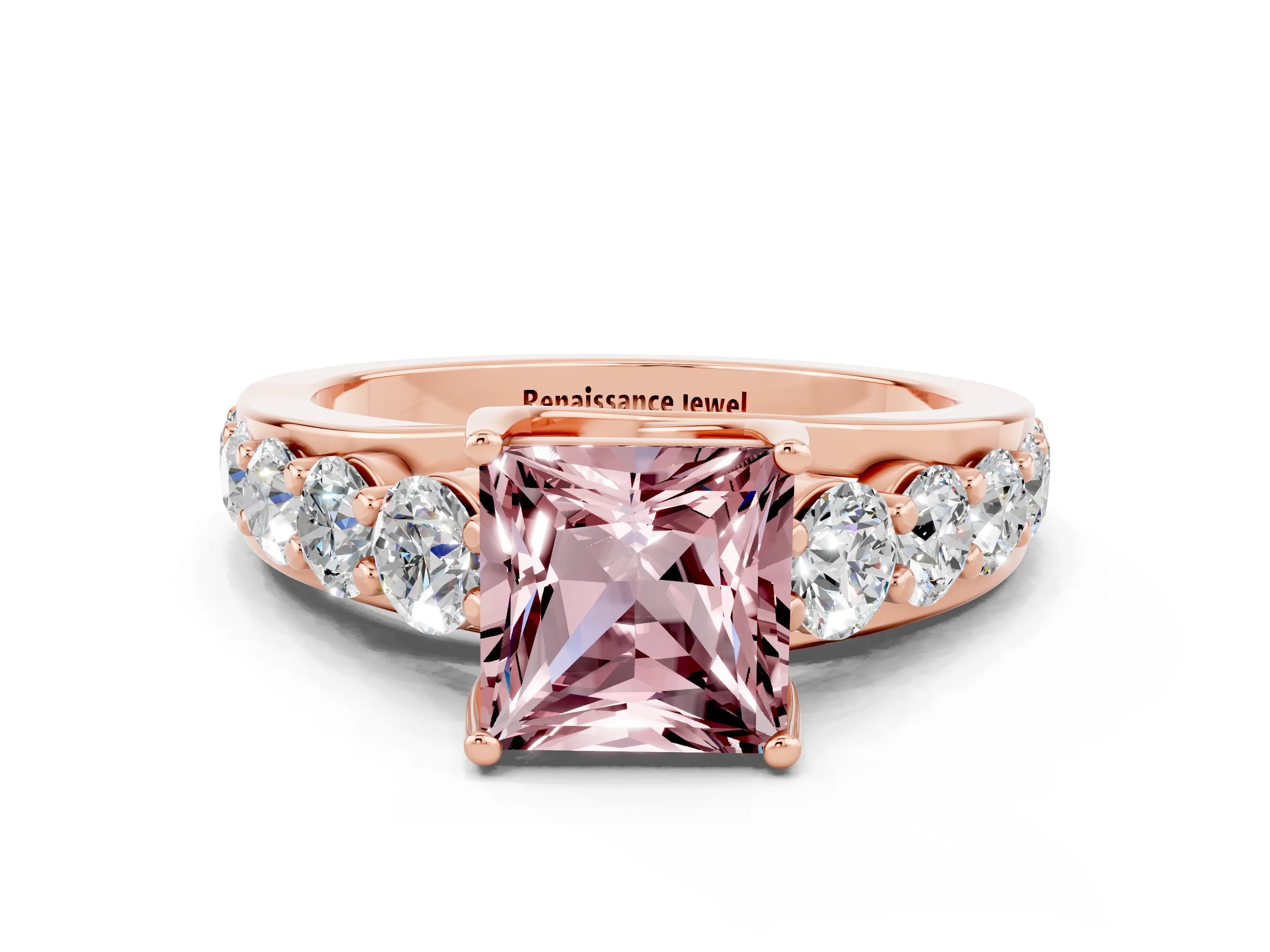 Rose gold Princess Cut Morganite Engagement Ring with Pavé Band and Four-Prong Setting