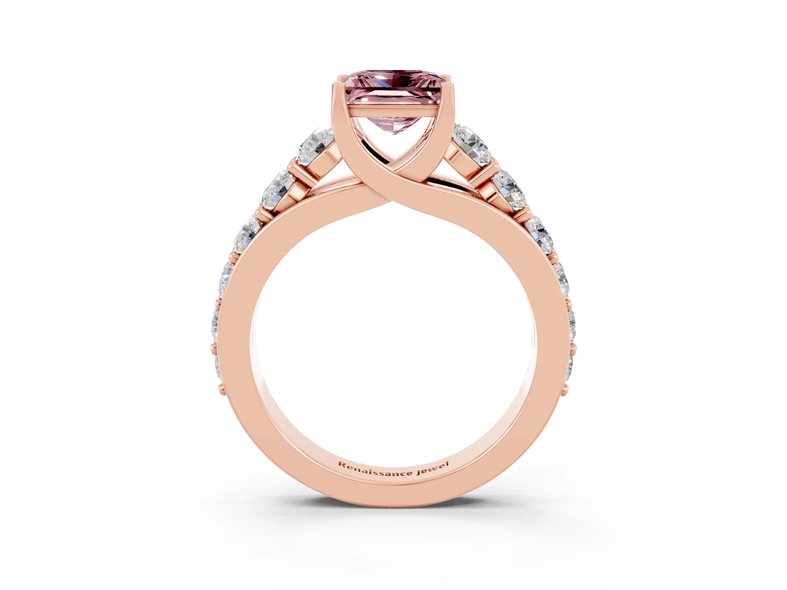 Rose gold Princess Cut Morganite Engagement Ring with Pavé Band and Four-Prong Setting_3