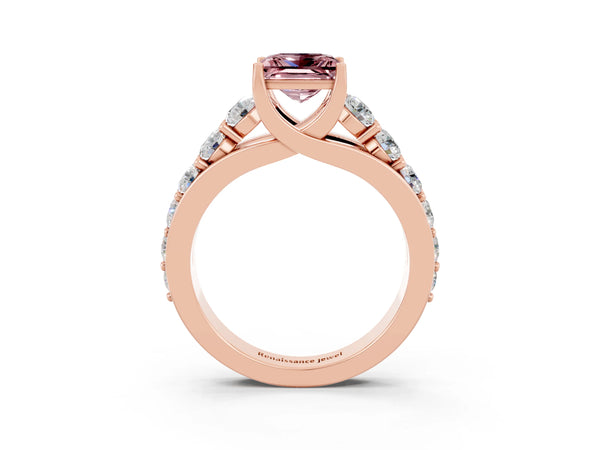 Rose gold Princess Cut Morganite Engagement Ring with Pavé Band and Four-Prong Setting