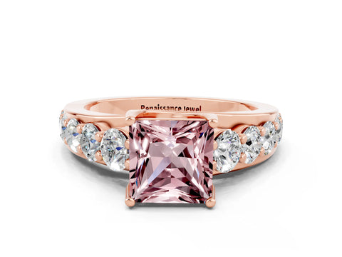 Rose gold Princess Cut Morganite Engagement Ring with Pavé Band and Four-Prong Setting