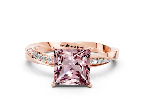 Rose gold Princess Cut Morganite Engagement Ring with Side Stone Accents and Four-Prong Setting