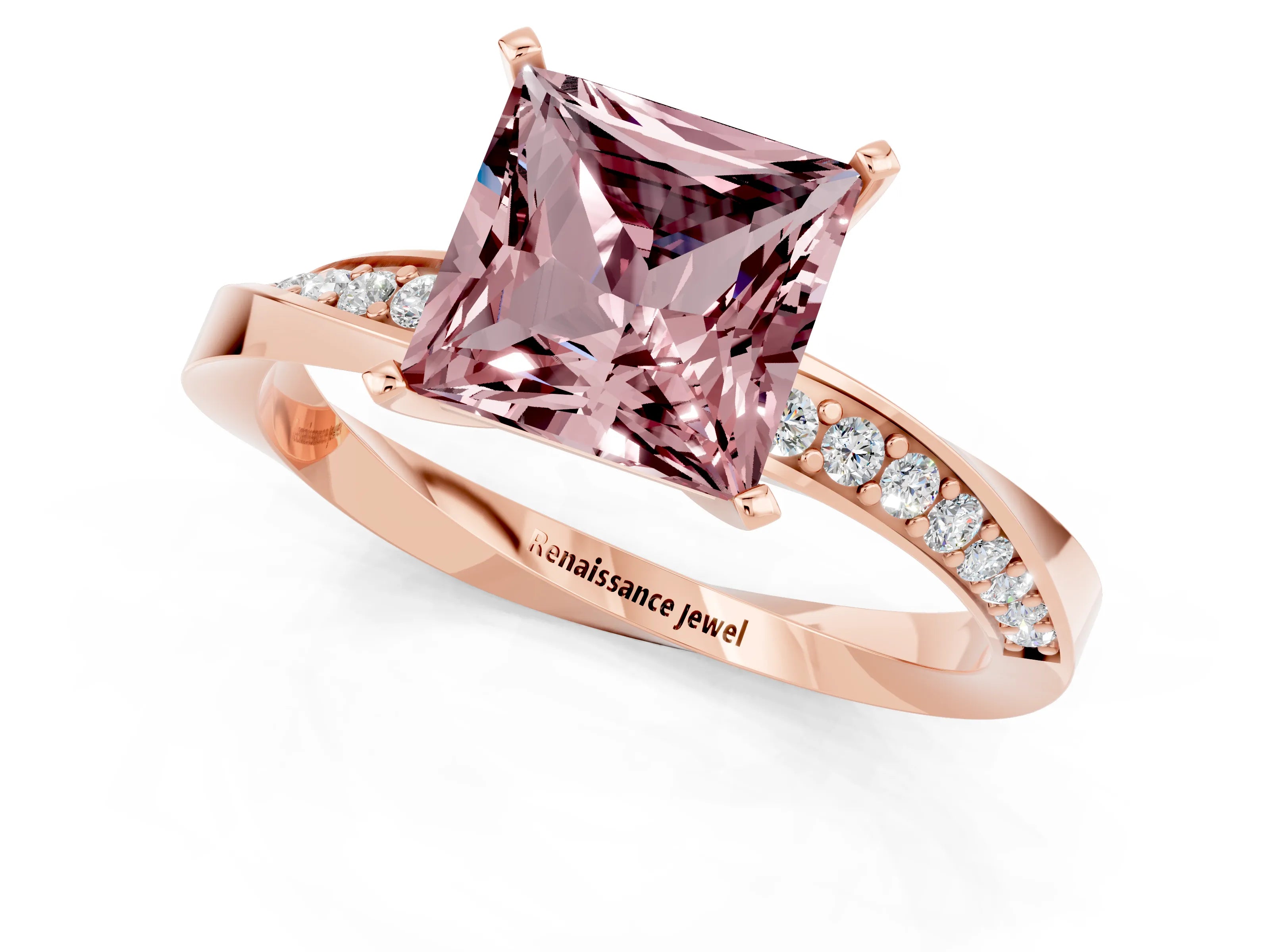 Rose gold Princess Cut Morganite Engagement Ring with Side Stone Accents and Four-Prong Setting_40