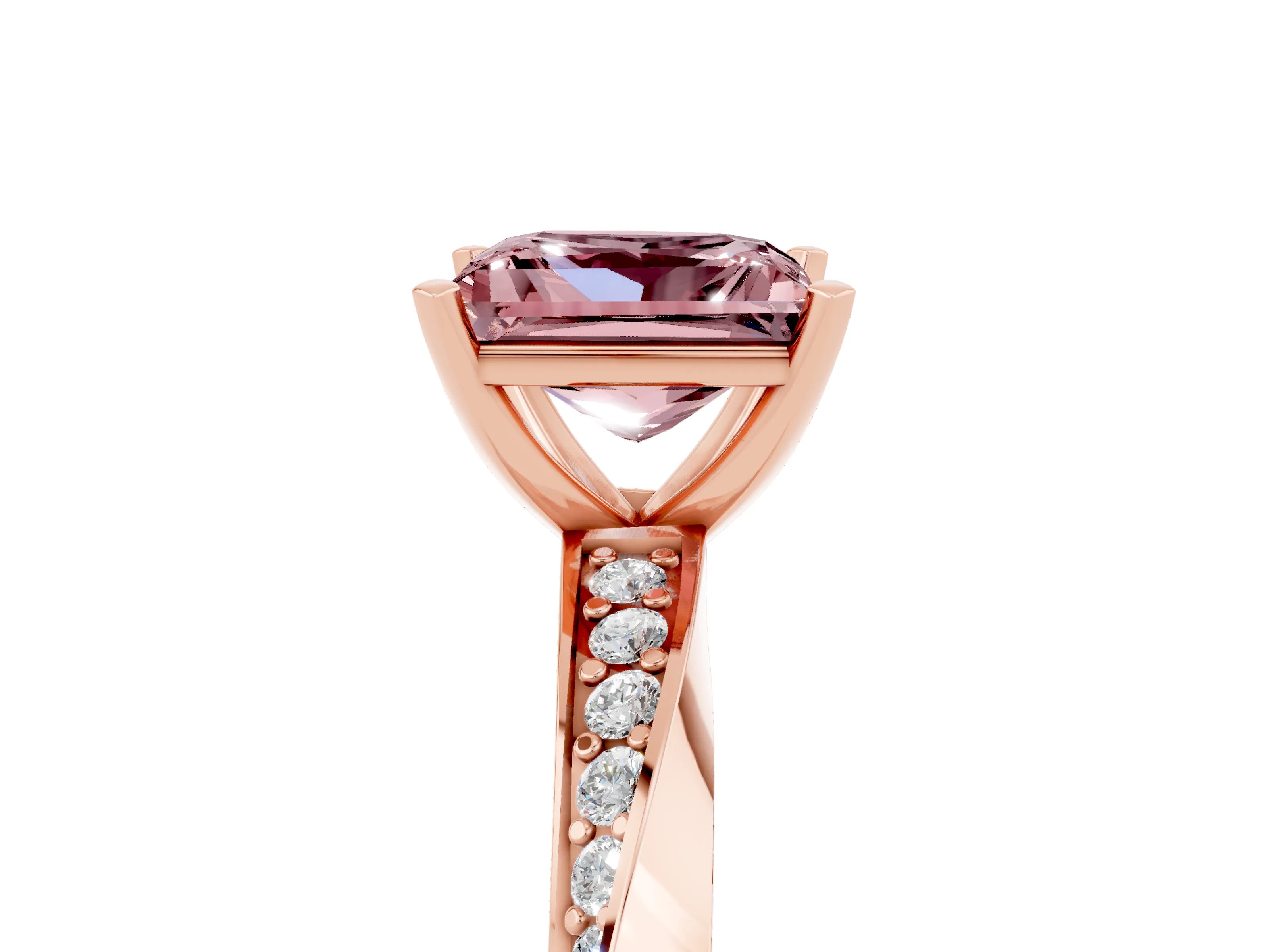 Rose gold Princess Cut Morganite Engagement Ring with Side Stone Accents and Four-Prong Setting_44