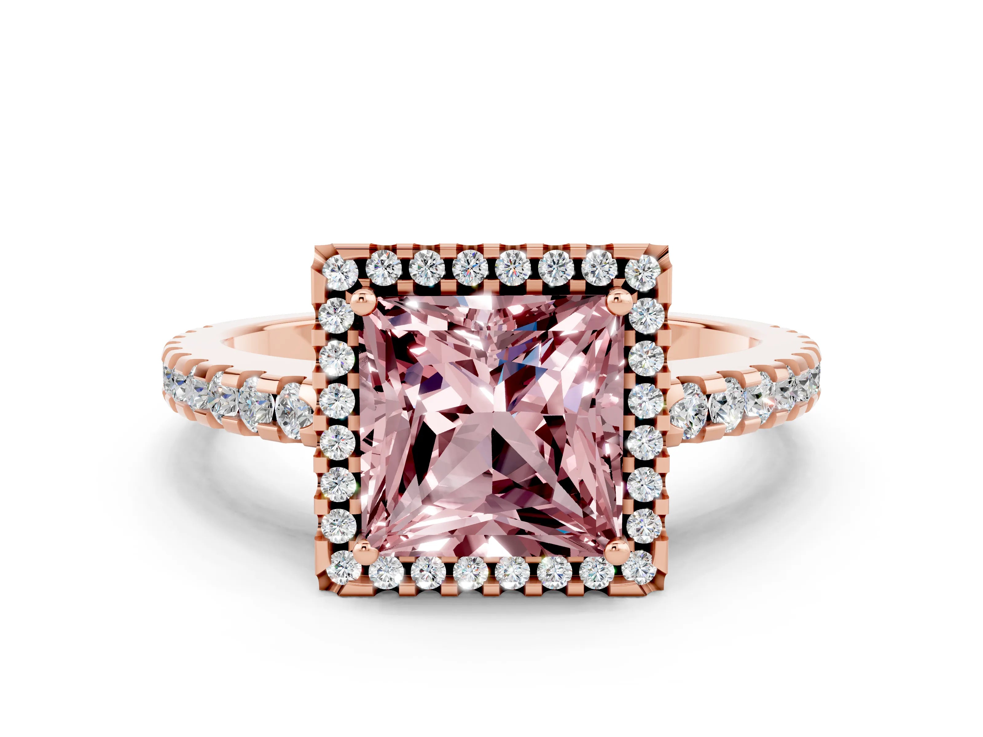 Rose gold Princess Cut Morganite Halo Engagement Ring with Pavé Band and Prong Setting_12
