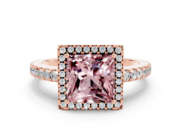 Rose gold Princess Cut Morganite Halo Engagement Ring with Pavé Band and Prong Setting