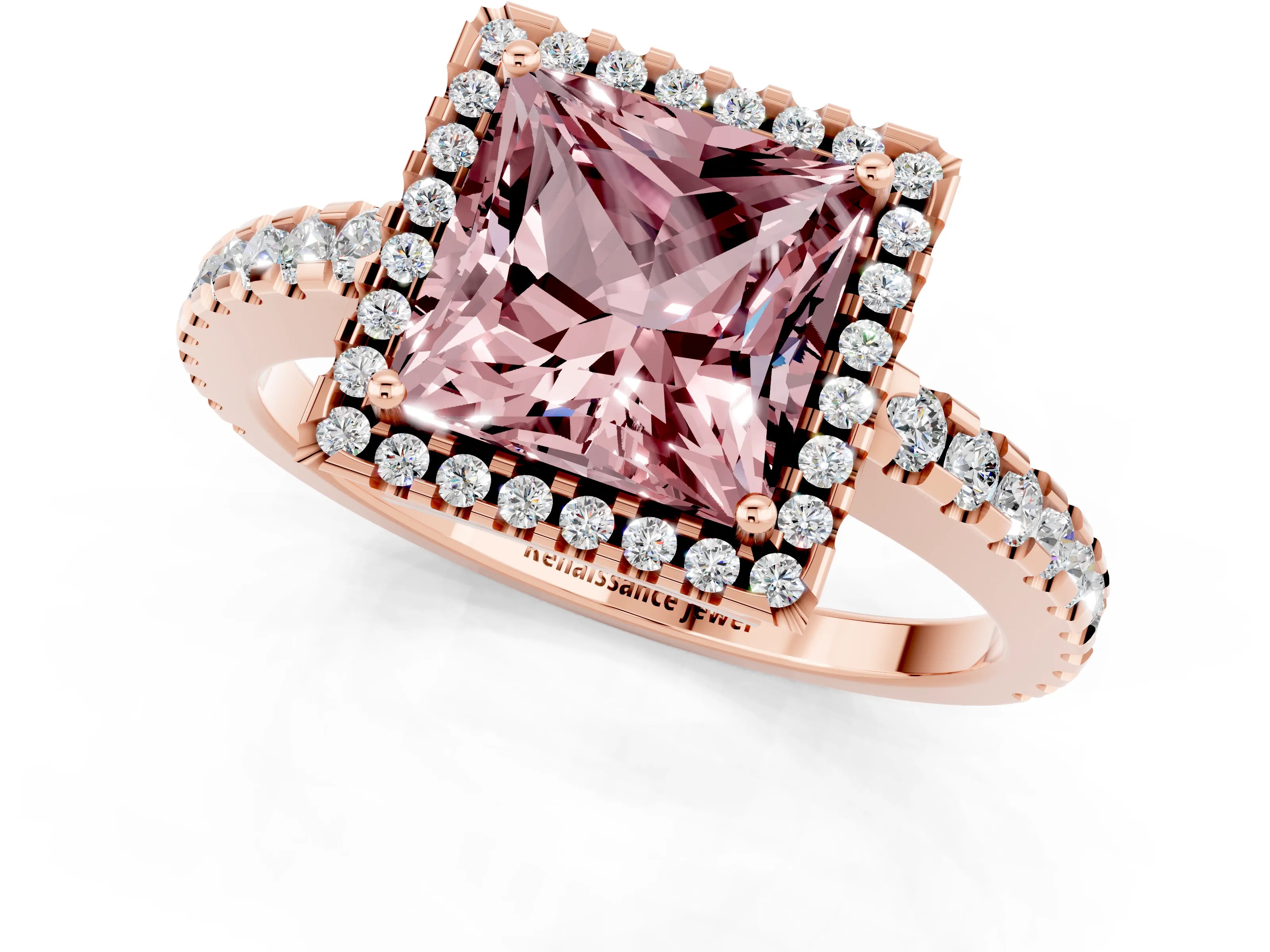 Rose gold Princess Cut Morganite Halo Engagement Ring with Pavé Band and Prong Setting_13