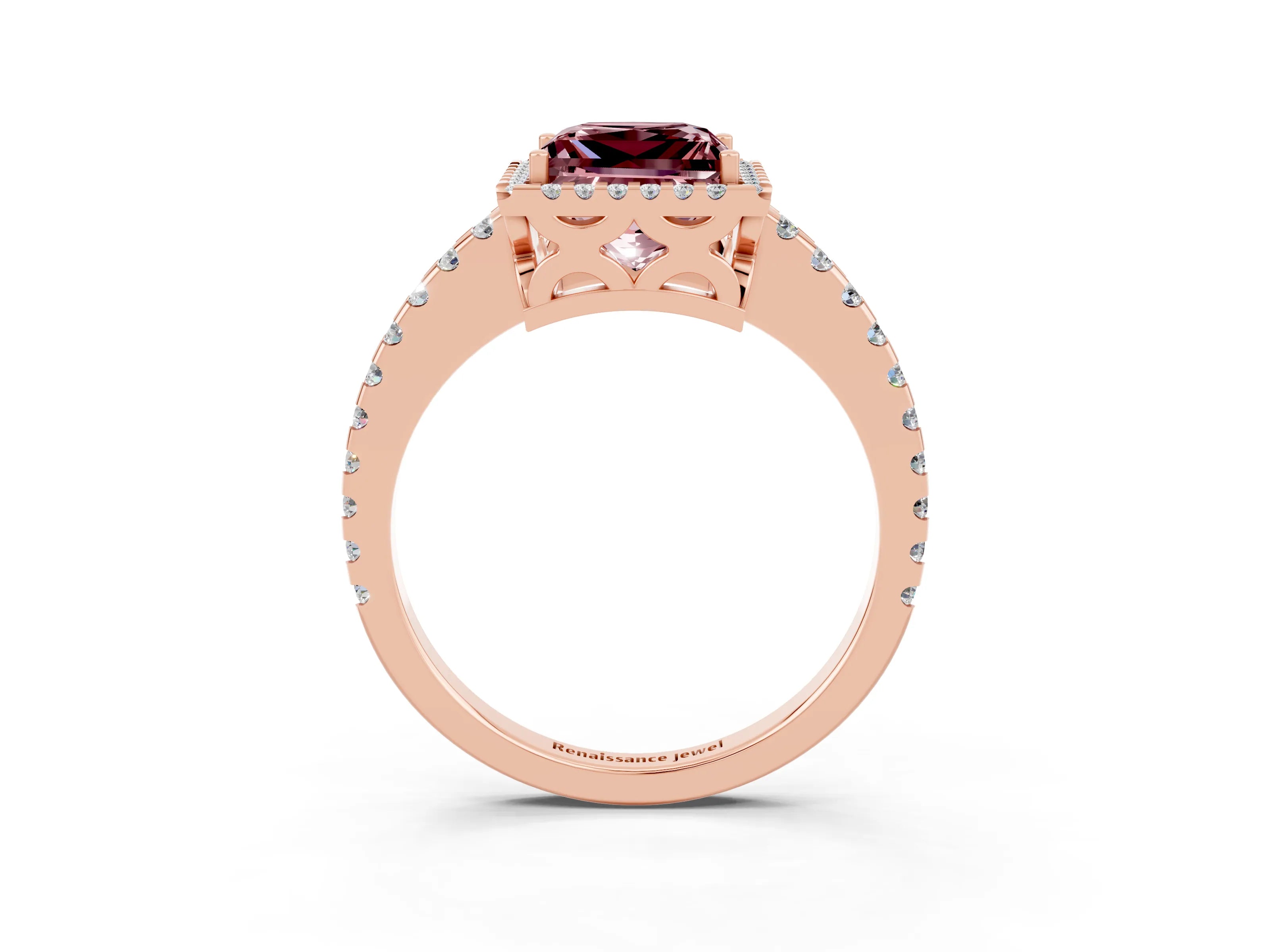 Rose gold Princess Cut Morganite Halo Engagement Ring with Pavé Band and Prong Setting_15