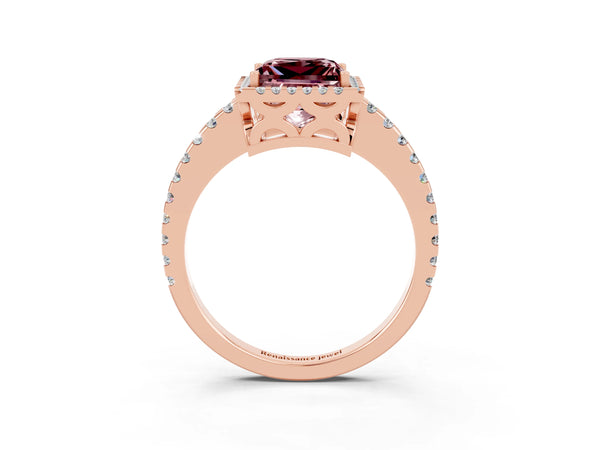 Rose gold Princess Cut Morganite Halo Engagement Ring with Pavé Band and Prong Setting