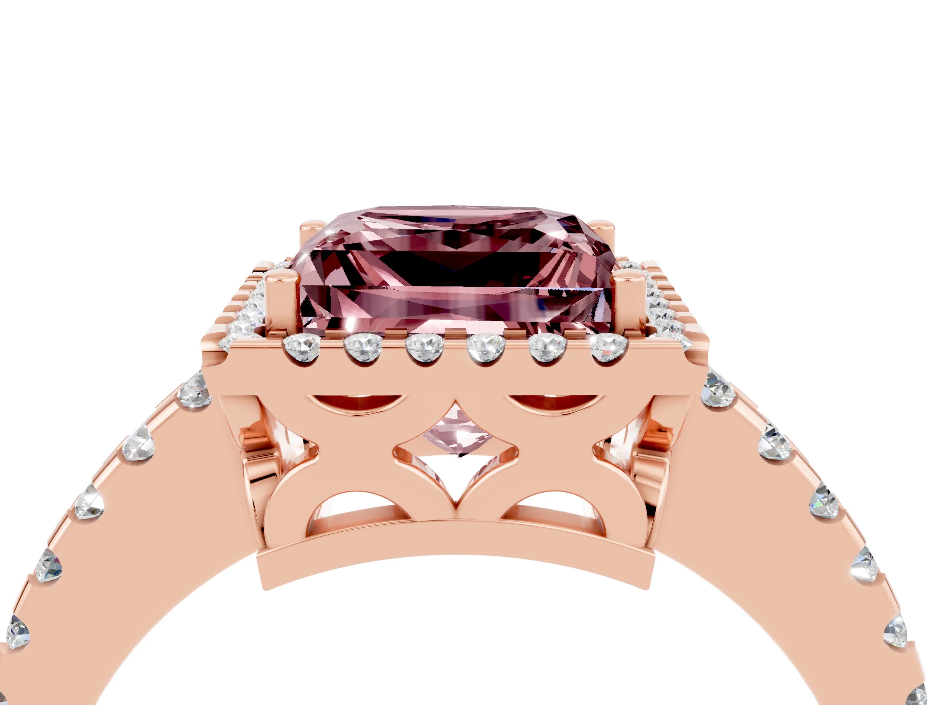 Rose gold Princess Cut Morganite Halo Engagement Ring with Pavé Band and Prong Setting_16