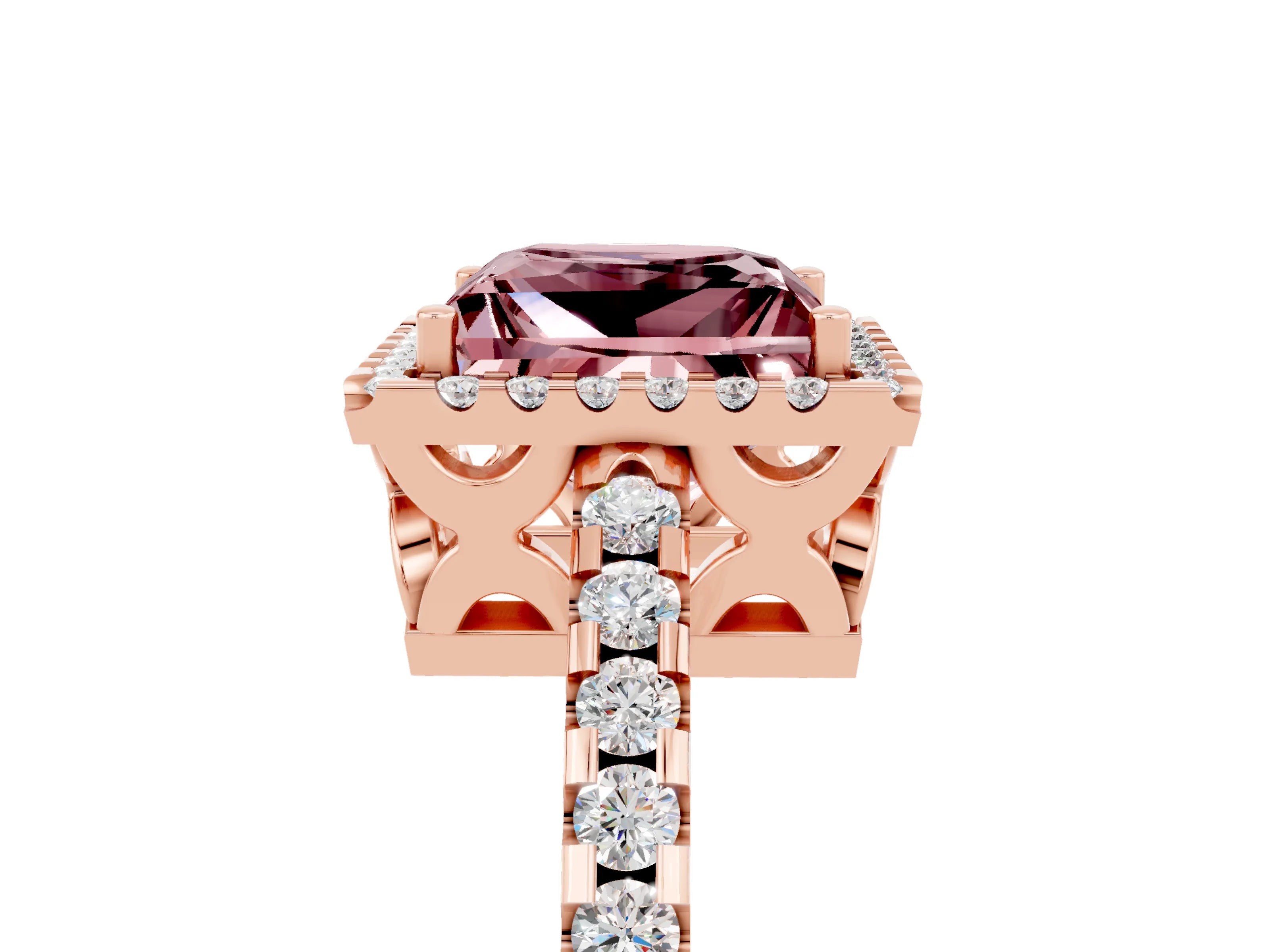 Rose gold Princess Cut Morganite Halo Engagement Ring with Pavé Band and Prong Setting_17