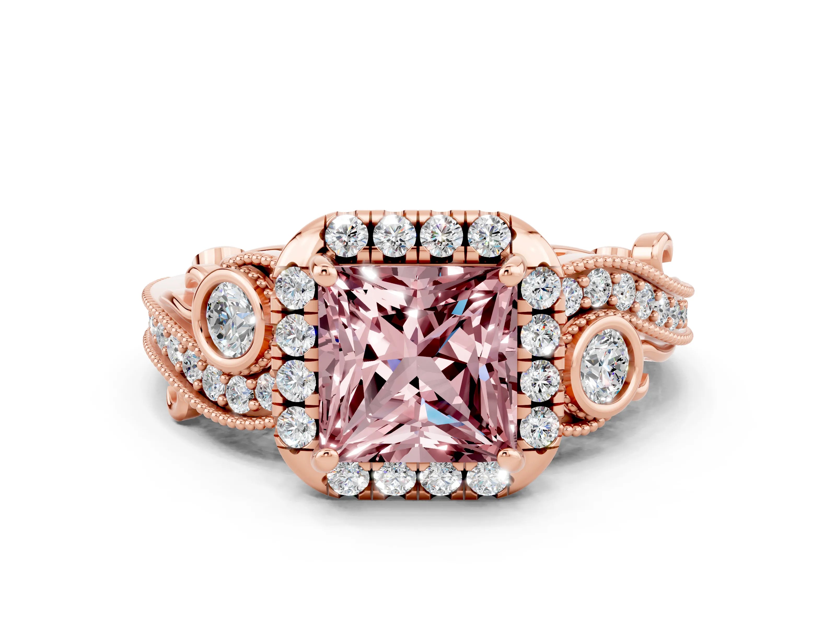 Rose gold Princess Cut Morganite Halo Ring with Milgrain Pavé Band and Four-Prong Setting_12