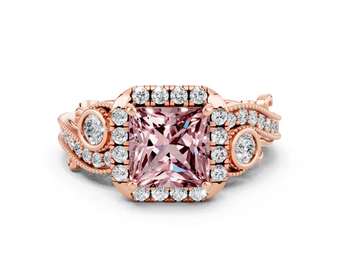 Rose gold Princess Cut Morganite Halo Ring with Milgrain Pavé Band and Four-Prong Setting_12