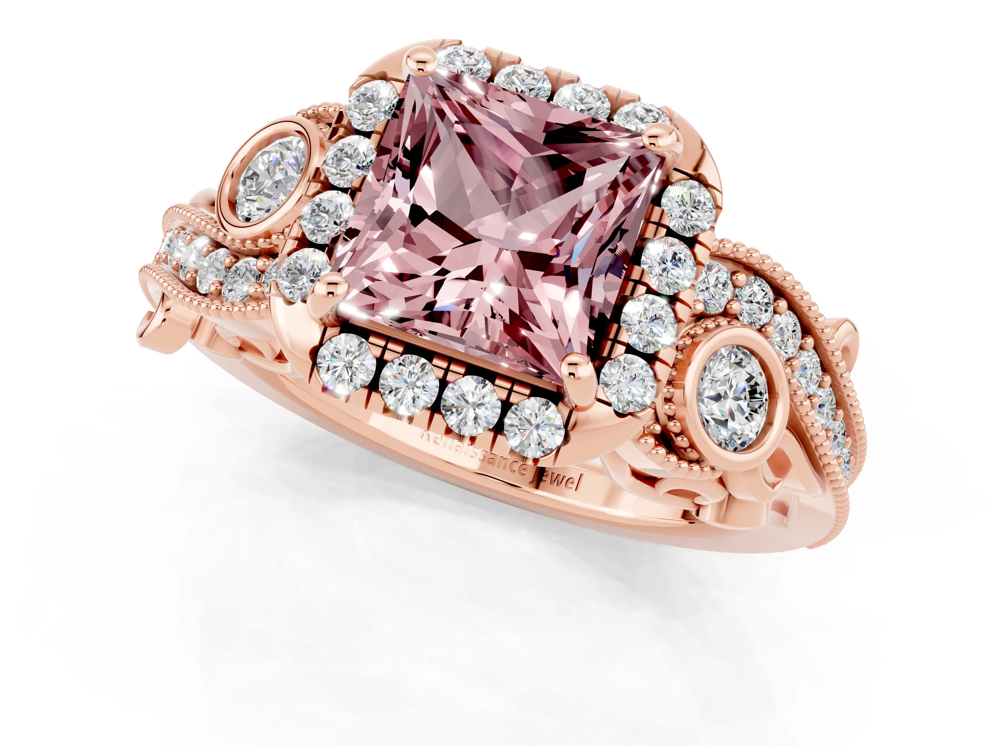 Rose gold Princess Cut Morganite Halo Ring with Milgrain Pavé Band and Four-Prong Setting_13