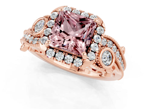 Rose gold Princess Cut Morganite Halo Ring with Milgrain Pavé Band and Four-Prong Setting_13